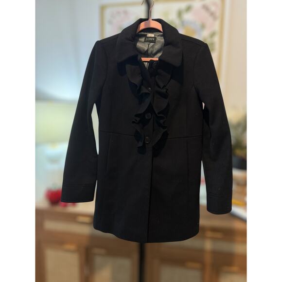 J. Crew Wool Ruffle Trim Front Button Pea Coat 17501 Black Womens Size Small - Picture 7 of 9